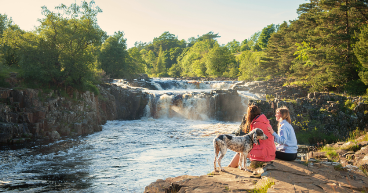 Two women sat with dog admiring sunset with Low Force Waterfall in background.